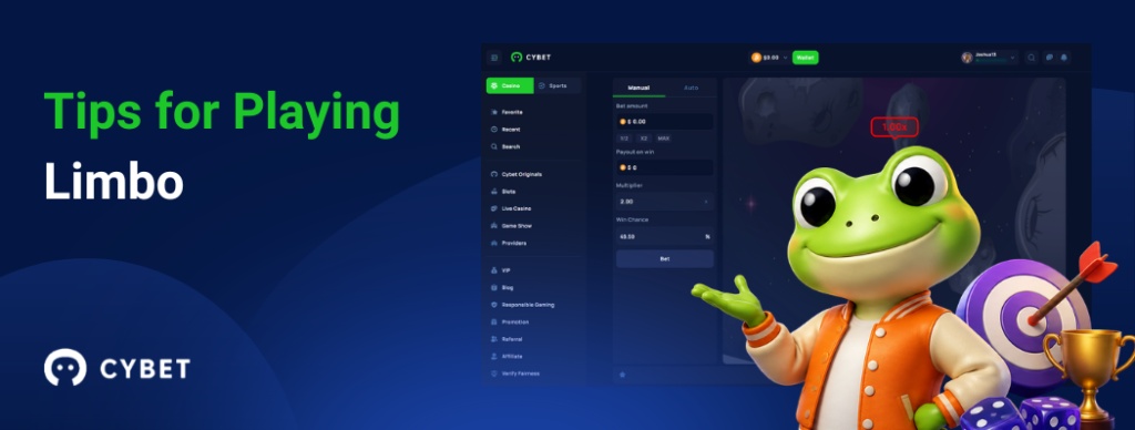 CYBET Limbo game interface displaying tips for playing, with the frog mascot wearing an orange jacket and holding a trophy.