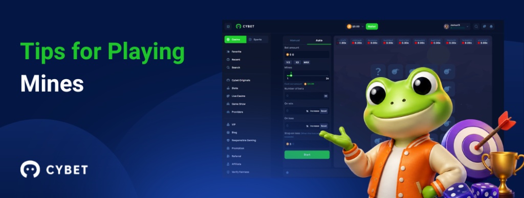 CYBET Mines game interface displaying tips for playing, with the frog mascot wearing an orange jacket and holding a trophy.