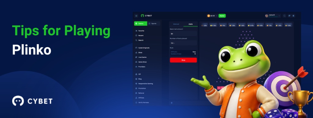 CYBET Plinko game interface displaying tips for playing, with the frog mascot wearing an orange jacket and holding a trophy.