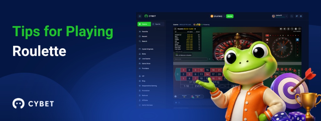 CYBET Roulette game interface displaying tips for playing, with the frog mascot wearing an orange jacket and holding a trophy.
