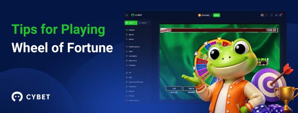 CYBET Wheel of Fortune game interface displaying tips for playing, with the frog mascot wearing an orange jacket and holding a trophy.