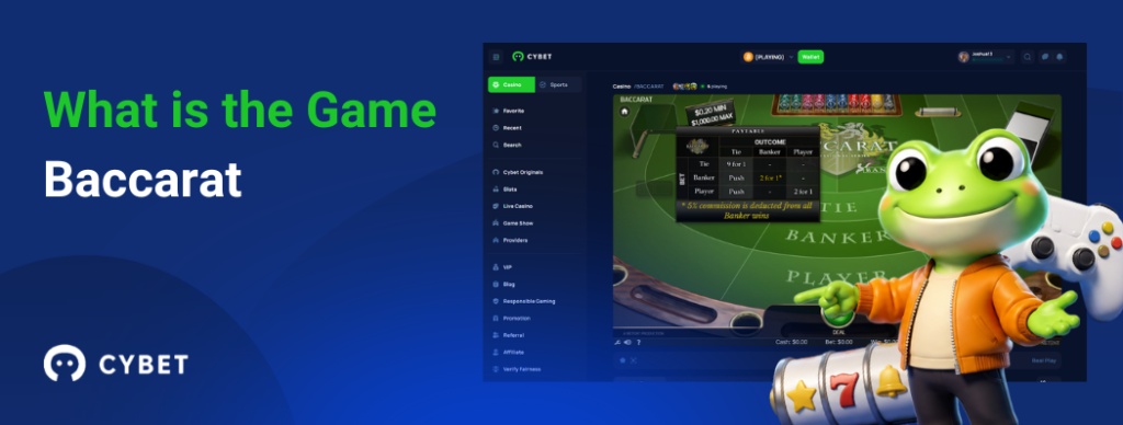 CYBET Baccarat game interface explaining gameplay mechanics, with the frog mascot pointing at the table layout.
