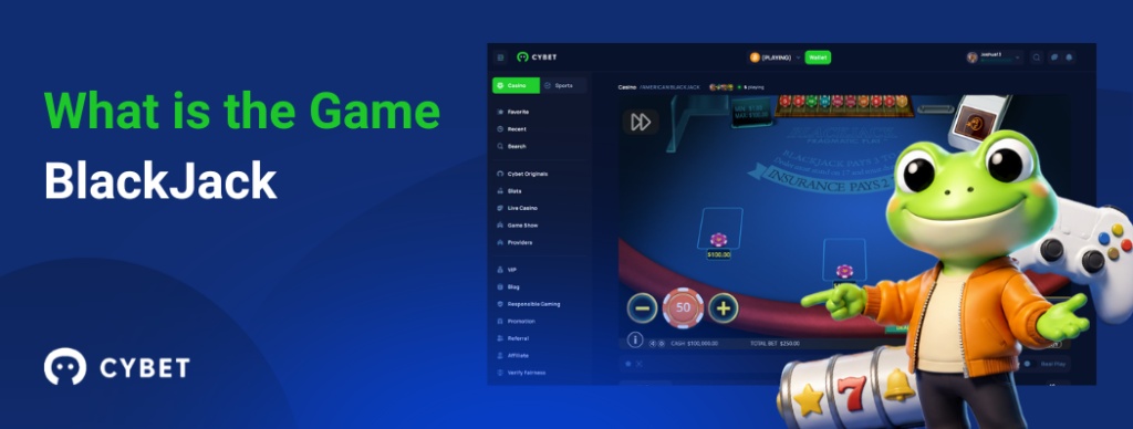 CYBET Blackjack game interface explaining gameplay mechanics, with the frog mascot pointing at the card table.