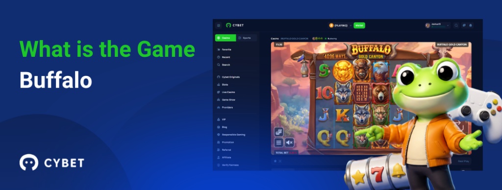 CYBET Buffalo game interface explaining gameplay mechanics, with the frog mascot pointing at the slot reels.