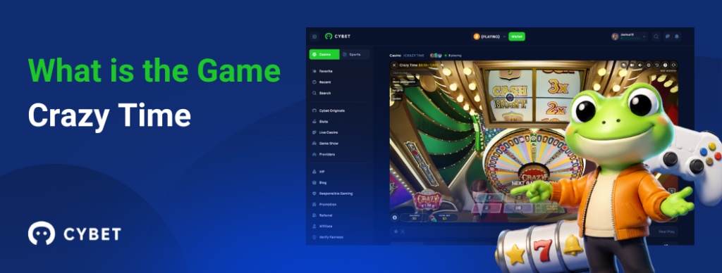 CYBET Crazy Time game interface explaining gameplay mechanics, with the frog mascot pointing at the bonus wheel.