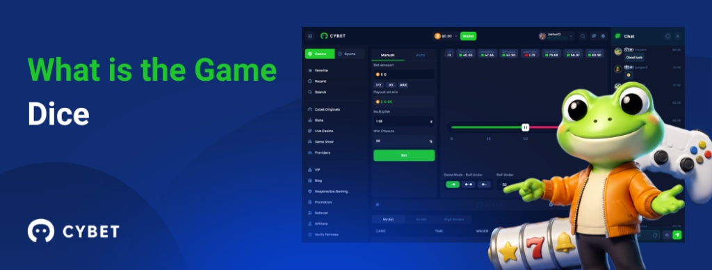 CYBET Dice game interface explaining gameplay mechanics, with the frog mascot pointing at the slider controls.