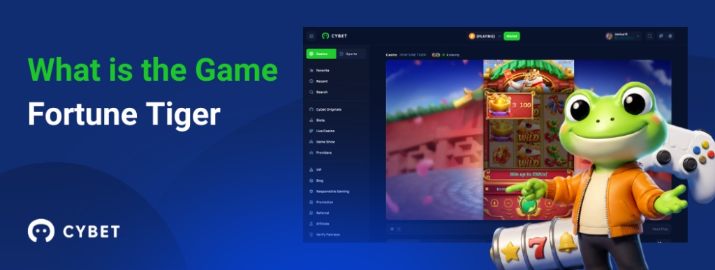 CYBET Fortune Tiger game interface explaining gameplay mechanics, with the frog mascot pointing at the slot reels.