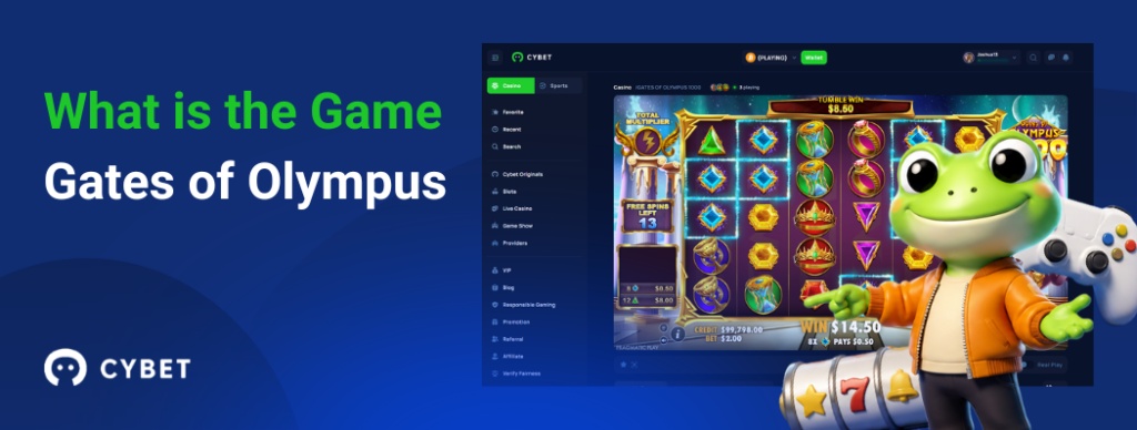 CYBET Gates of Olympus game interface explaining gameplay mechanics, with the frog mascot pointing at the slot reels.