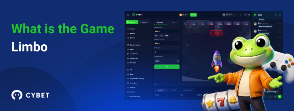 CYBET Limbo game interface explaining gameplay mechanics, with the frog mascot pointing at the multiplier and slot icons.