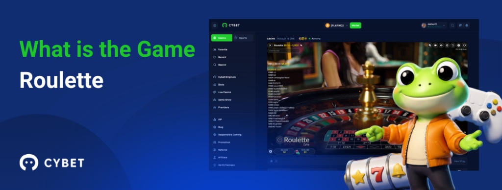 CYBET Roulette game interface explaining gameplay mechanics, with the frog mascot pointing at the roulette table.