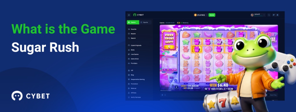 CYBET Sugar Rush game interface explaining gameplay mechanics, with the frog mascot pointing at the slot reels.