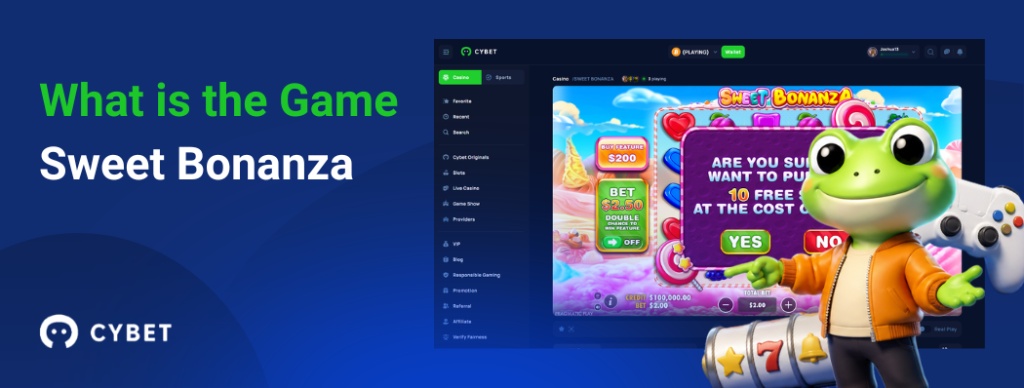 CYBET Sweet Bonanza game interface explaining gameplay mechanics, with the frog mascot pointing at the bonus feature screen.