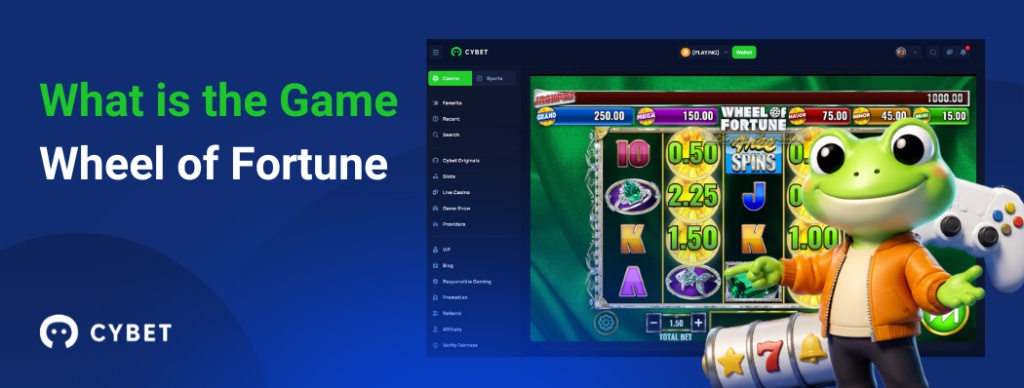 CYBET Wheel of Fortune game interface explaining gameplay mechanics, with the frog mascot pointing at the reels and jackpot values.