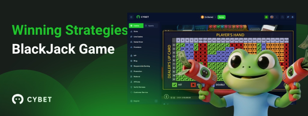 CYBET BlackJack game interface displaying winning strategies, with the frog mascot holding money guns.