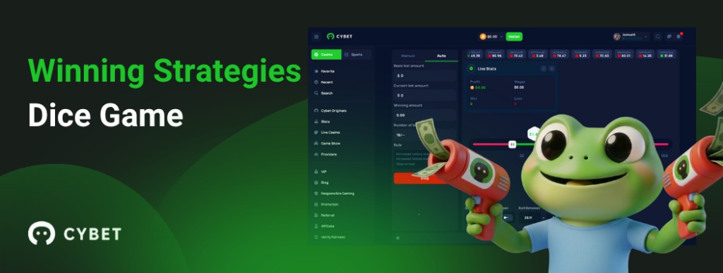 CYBET Dice game interface displaying winning strategies, with the frog mascot holding money guns.