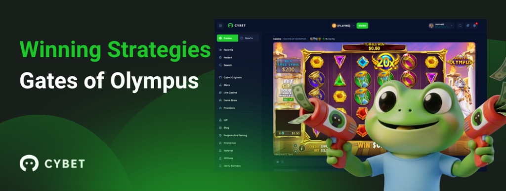 CYBET Gates of Olympus game interface showing winning strategies, with the frog mascot holding money guns.
