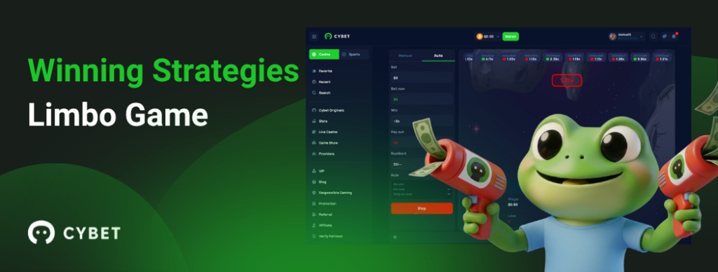 CYBET Limbo game interface displaying winning strategies, with the frog mascot holding money guns.