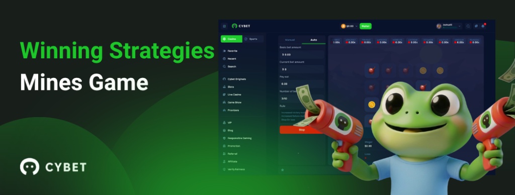 CYBET Mines game interface showing winning strategies, with the frog mascot holding money guns.