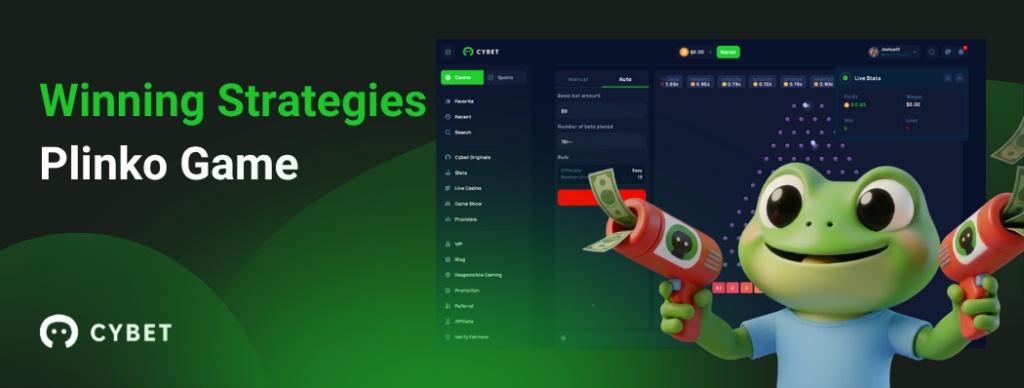 CYBET Plinko game interface showing winning strategies, with the frog mascot holding money guns.