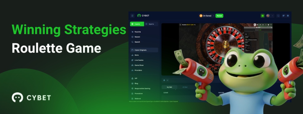 CYBET Roulette game screen with instructions and the frog mascot providing guidance on how to play.