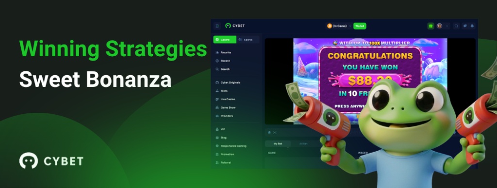 CYBET Sweet Bonanza game interface showing winning strategies, with the frog mascot holding money guns.