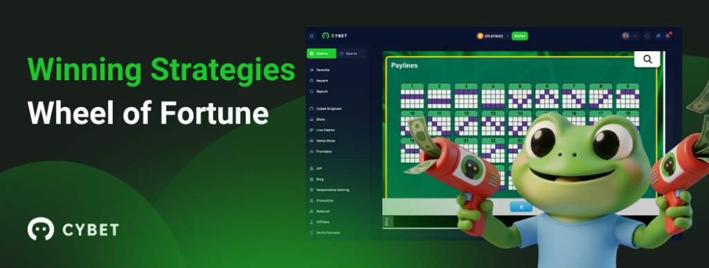 CYBET Wheel of Fortune game interface displaying winning strategies with the frog mascot holding money guns.